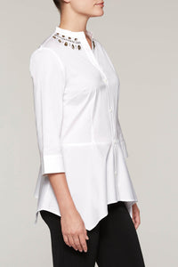 Gem-Accented Split-Neck Blouse Color White