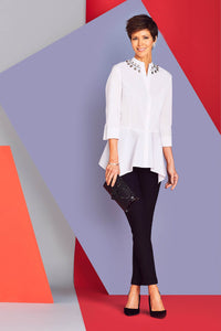 Gem-Accented Split-Neck Blouse Color White