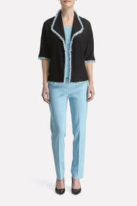 Waffle-Knit Fringe-Trim Jacket Color Black/White/Dew Blue