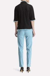 Waffle-Knit Fringe-Trim Jacket Color Black/White/Dew Blue