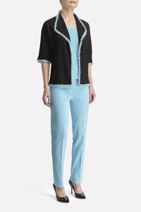 Waffle-Knit Fringe-Trim Jacket Color Black/White/Dew Blue