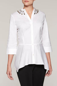 Gem-Accented Split-Neck Blouse Color White
