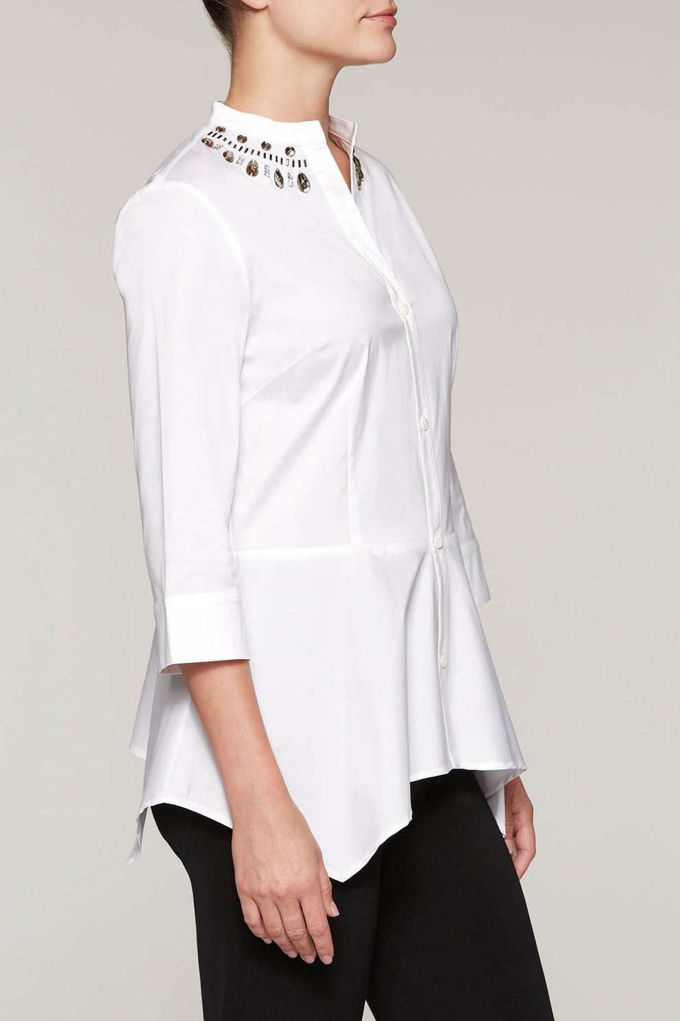 Gem-Accented Split-Neck Blouse Color White