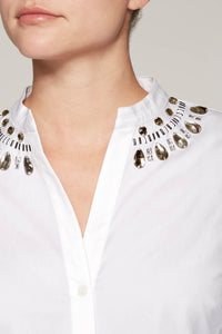Gem-Accented Split-Neck Blouse Color White