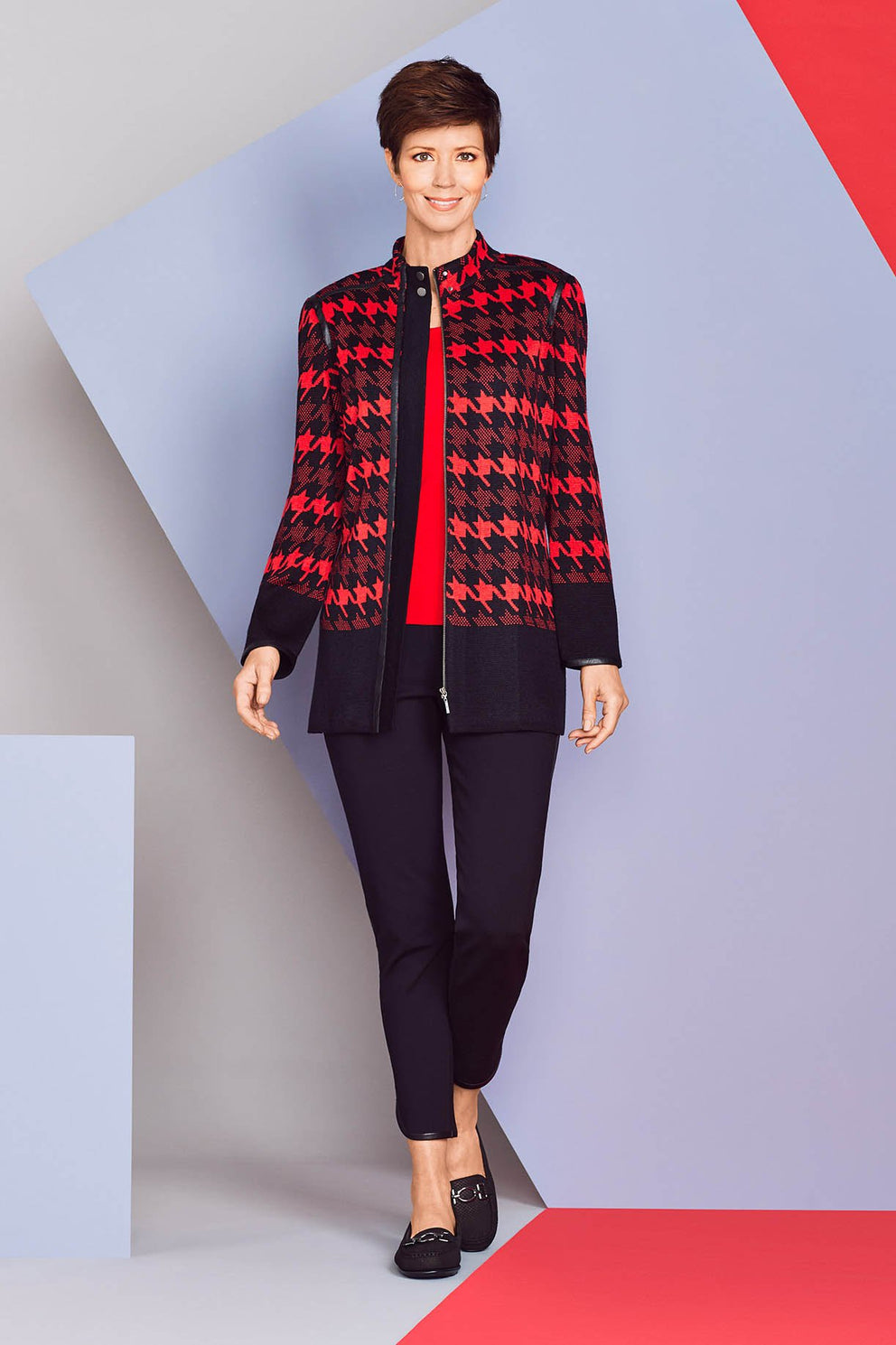 Houndstooth Zip Jacket Color Black/Bushberry Red