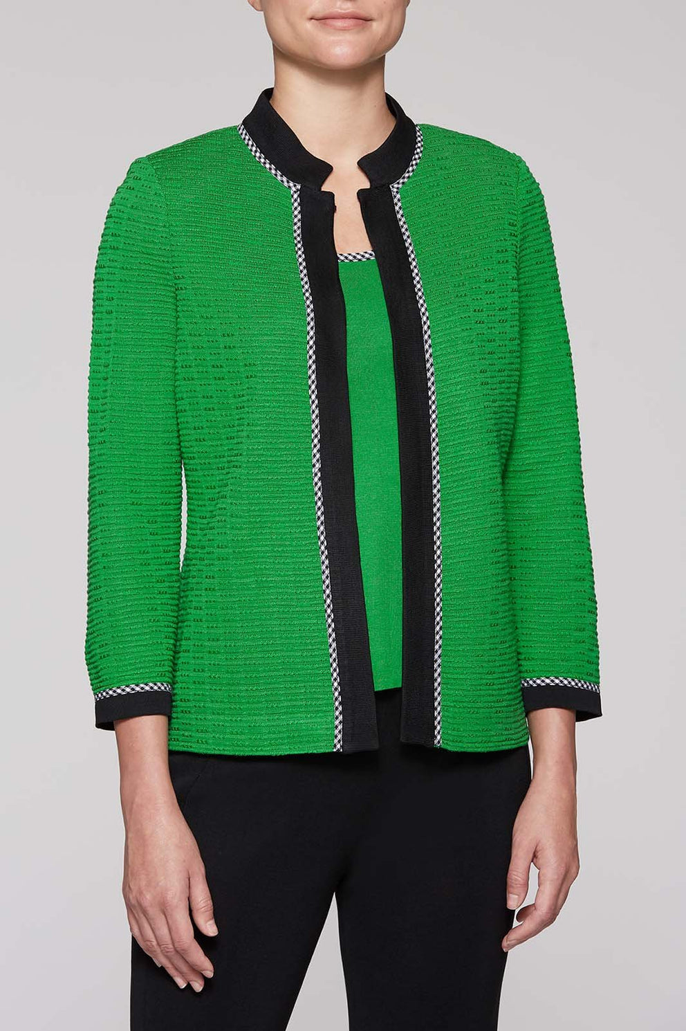 Gingham Trim Pattern Jacket Color Agave Green/Black/White