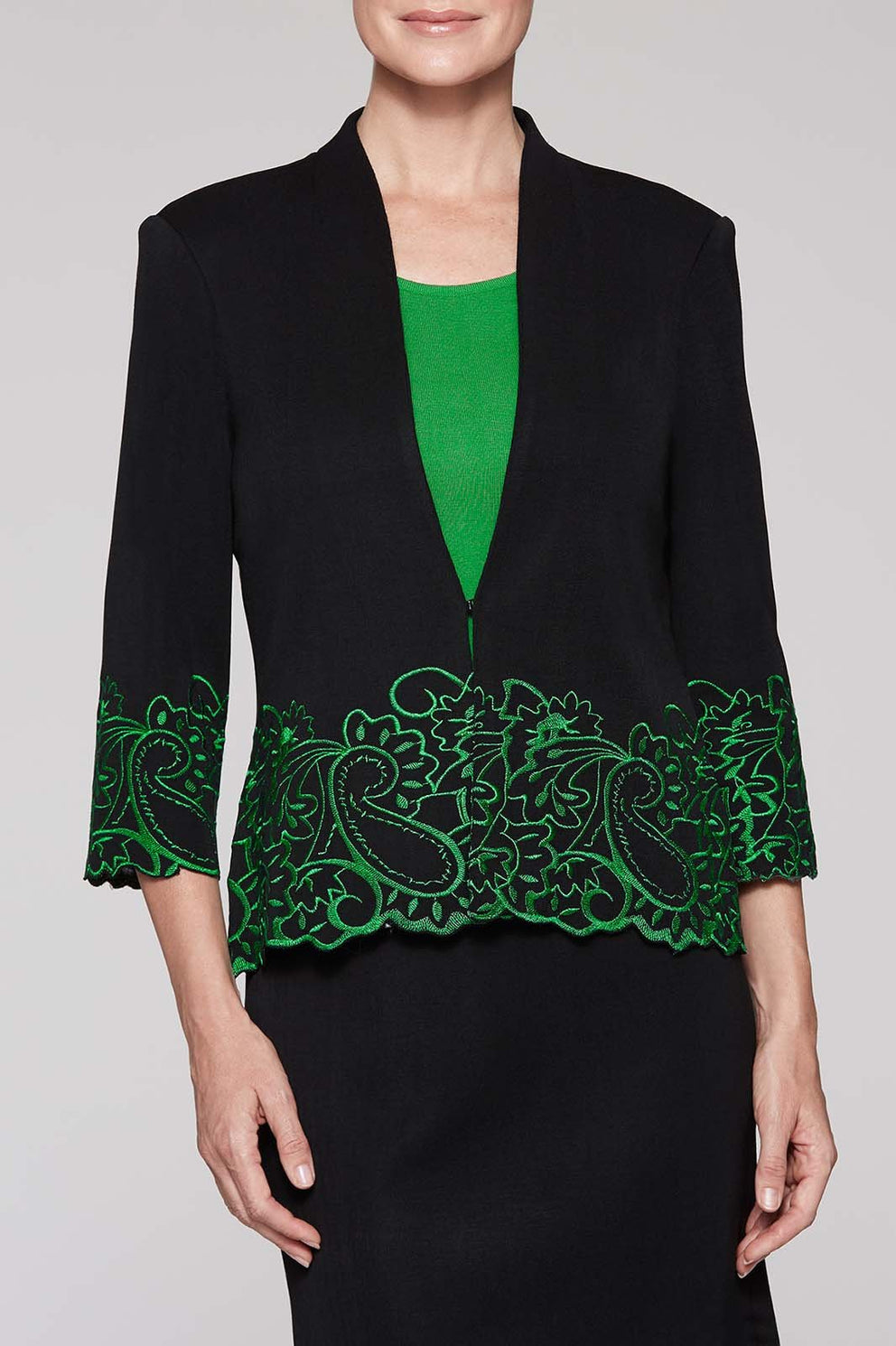 Embroidery Paisley Trim Jacket Color Black/Agave Green