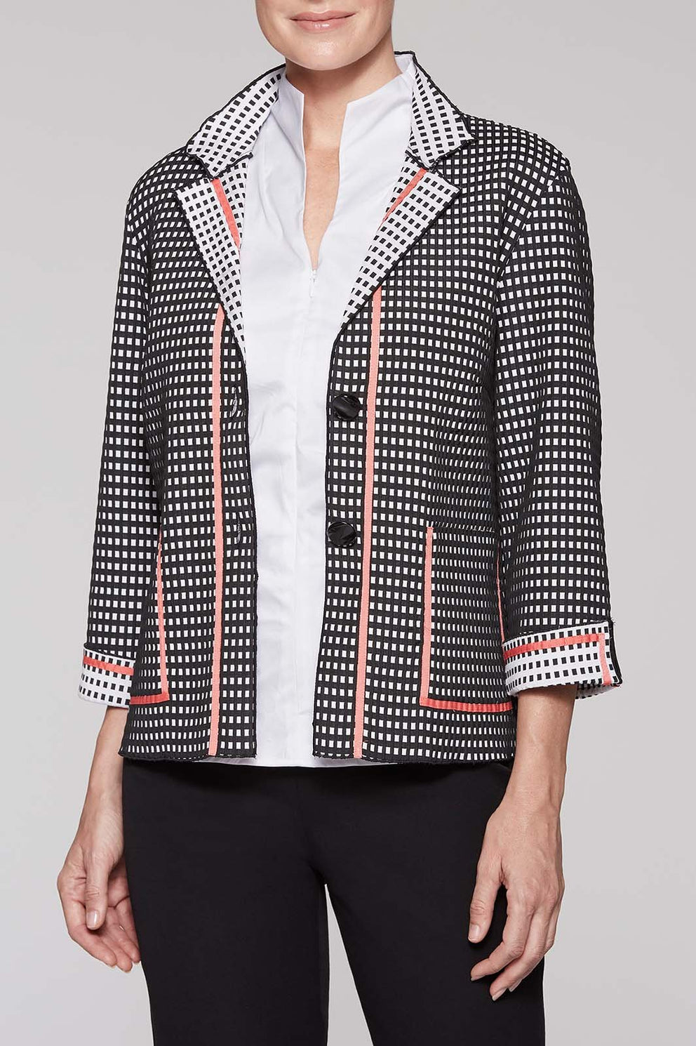 Woven Check Jacket Color Black/Plumeria Coral/White