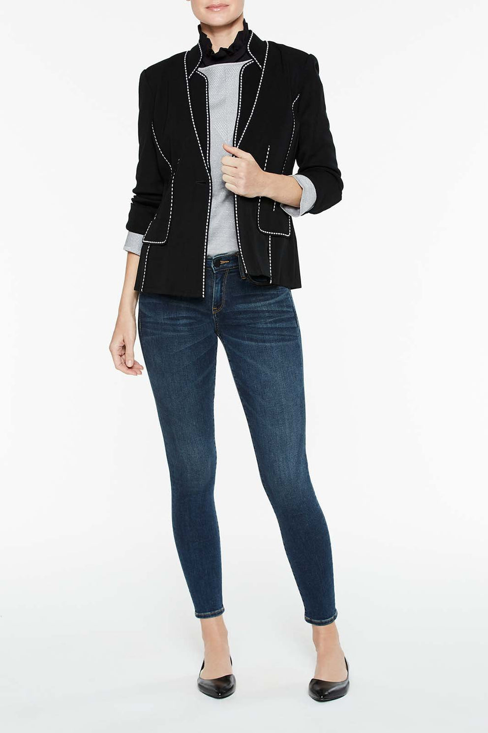Dotted Stitch Contrast Blazer Color Black/White