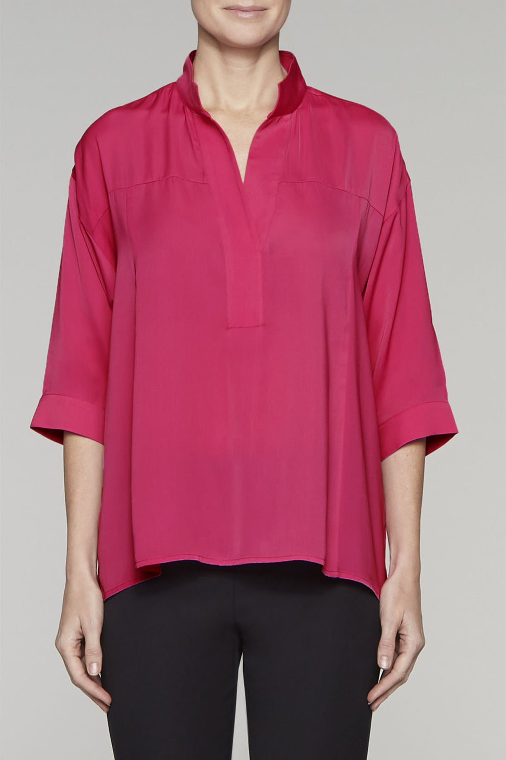 Breezy Split Neck Blouse Color Hibiscus