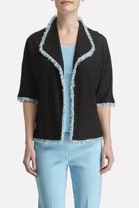 Waffle-Knit Fringe-Trim Jacket Color Black/White/Dew Blue