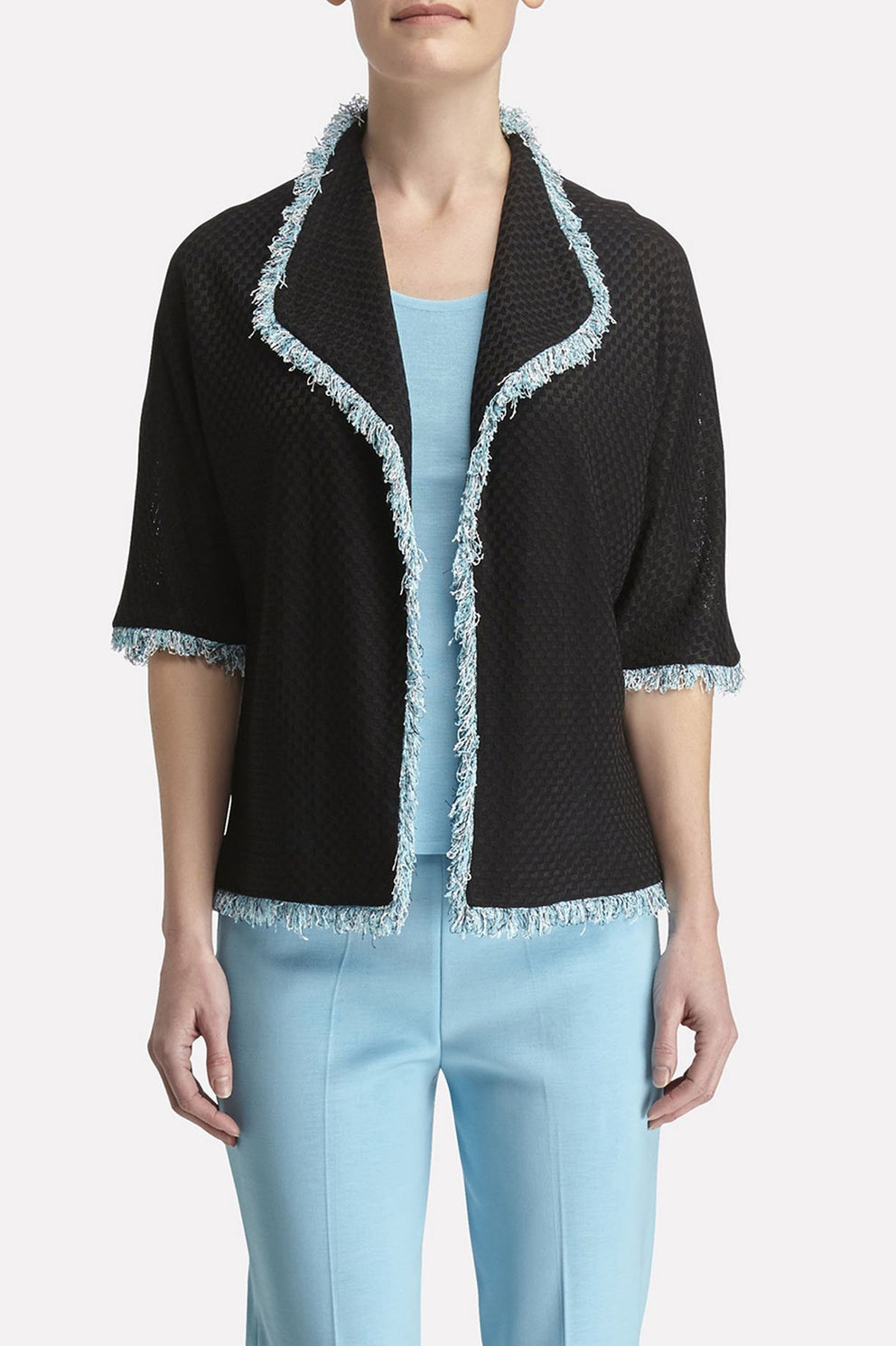 Waffle-Knit Fringe-Trim Jacket Color Black/White/Dew Blue