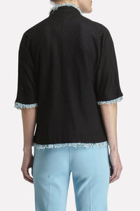 Waffle-Knit Fringe-Trim Jacket Color Black/White/Dew Blue