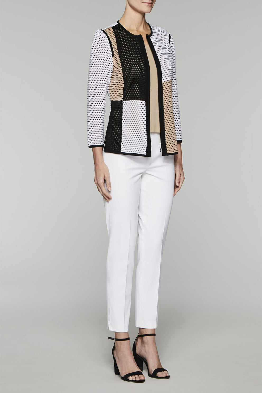 Zip-Front Block Pattern Jacket Color White/Black/Twig