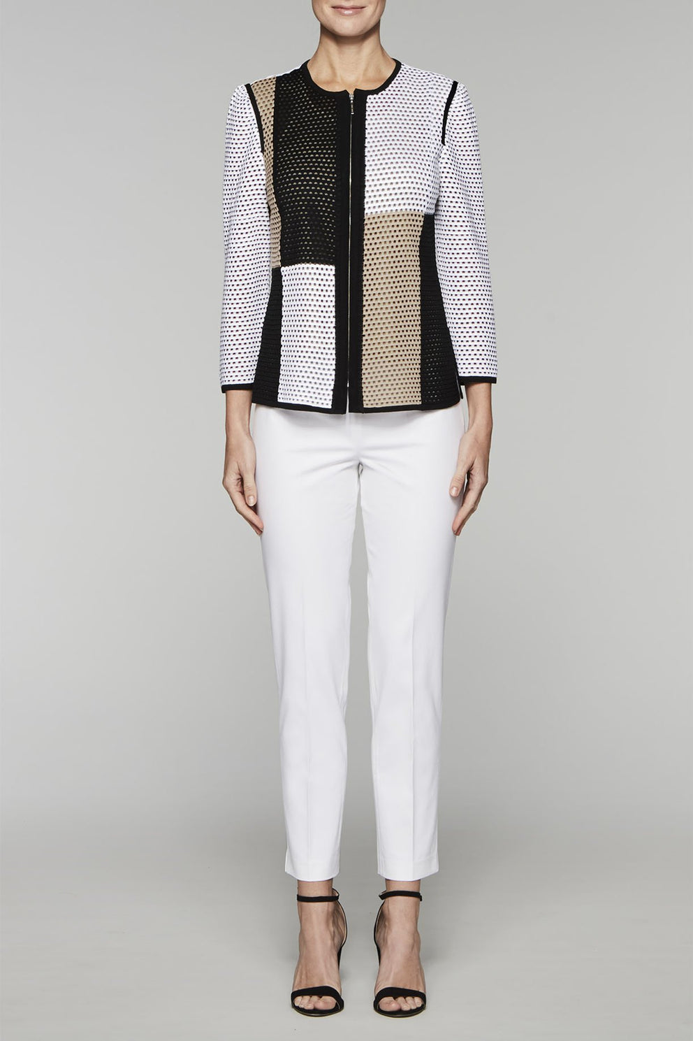 Zip-Front Block Pattern Jacket Color White/Black/Twig