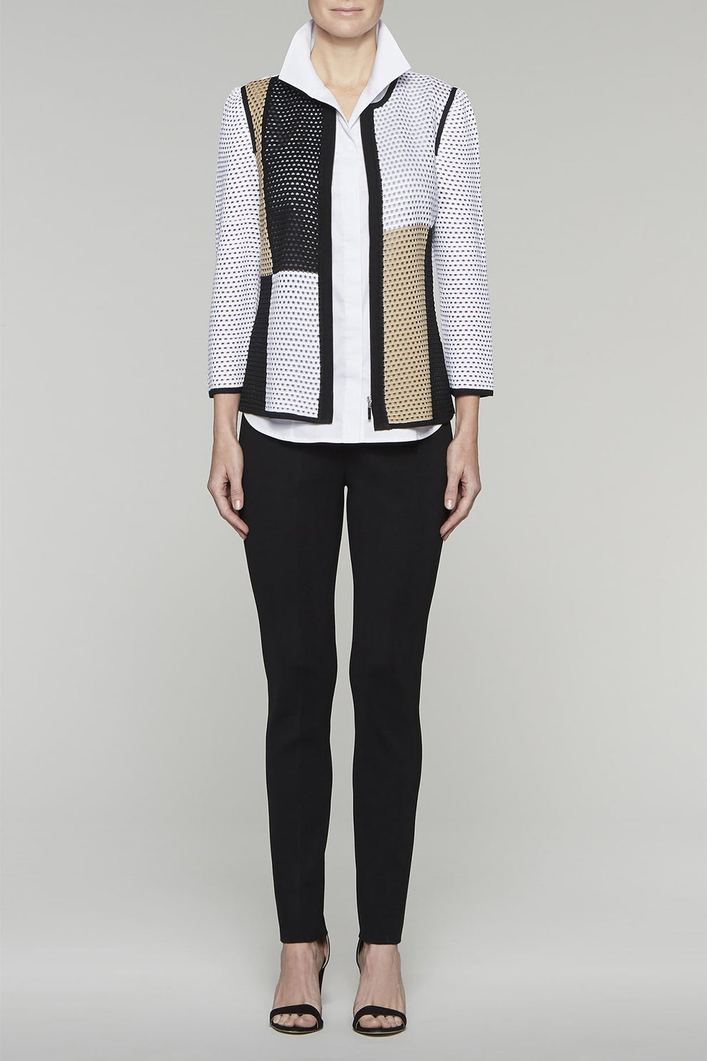 Zip-Front Block Pattern Jacket Color White/Black/Twig